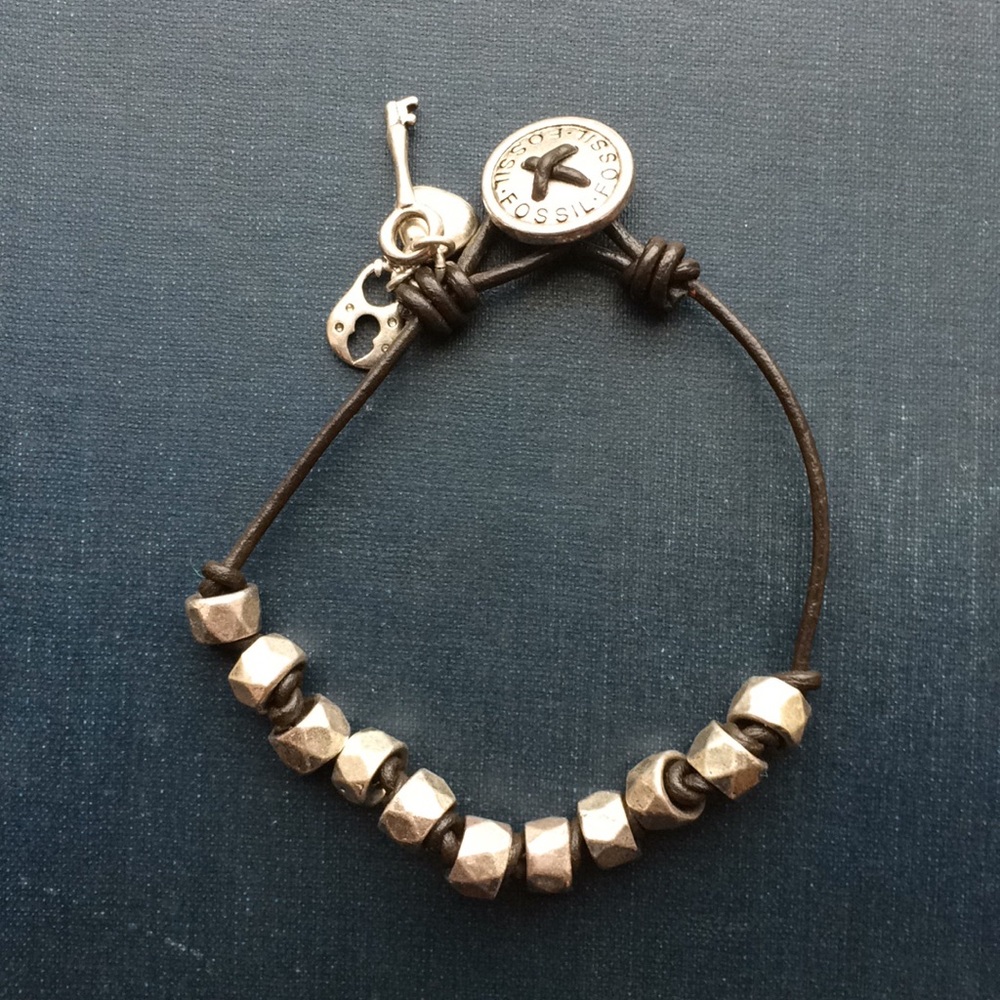 Fossil leather charm wrap silver bead bracelet